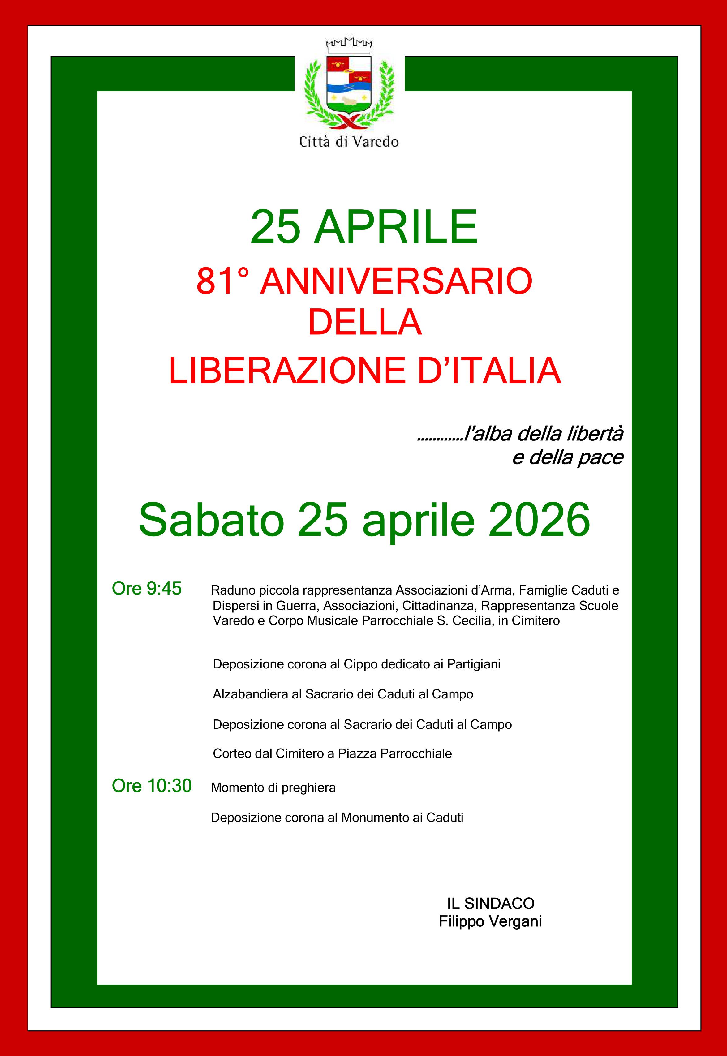 Celebrazione 81° anniversario della Liberazione d’Italia